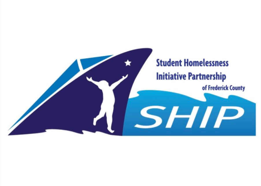 Logo for the Student Homelessness Initiative Partnership (SHIP) of Frederick County, featuring a silhouette of a child with outstretched arms inside a stylized blue ship shape and a star above the figure.