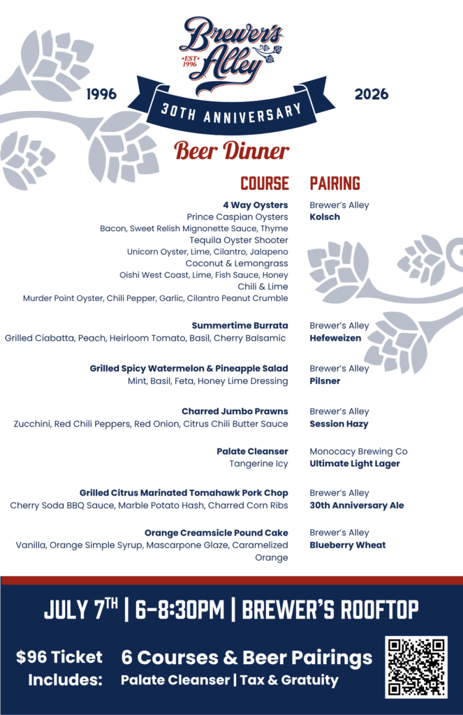 A beer dinner menu for Brewer's Alley 30th anniversary, listing courses like oysters, burrata, salad, shrimp, brisket, and desserts, each paired with a specific Brewer’s Alley beer. Event details and ticket info included.