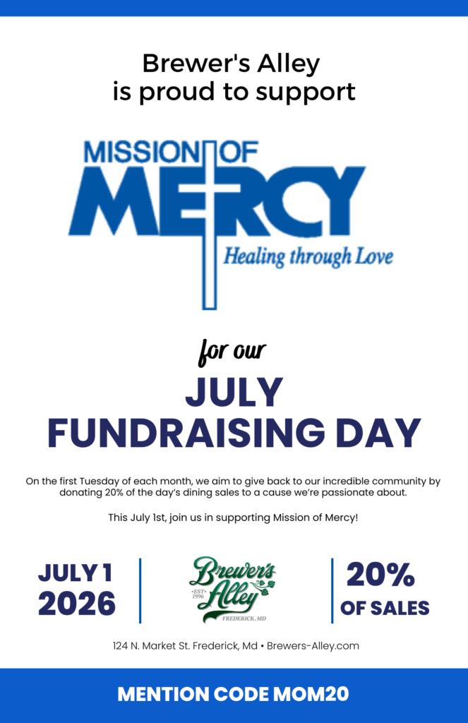 A flyer announces Brewer's Alley is supporting Mission of Mercy with a July Fundraising Day on July 1, 2026, donating 20% of sales to the cause. Location and a mention code are provided at the bottom.