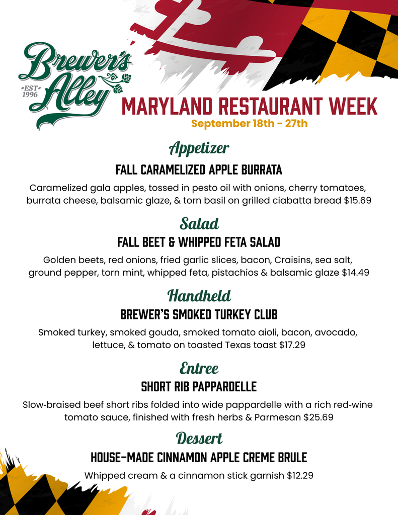 A Maryland Restaurant Week menu featuring appetizers, salads, handhelds, entrees, and dessert options, decorated with Maryland flag colors and motifs.