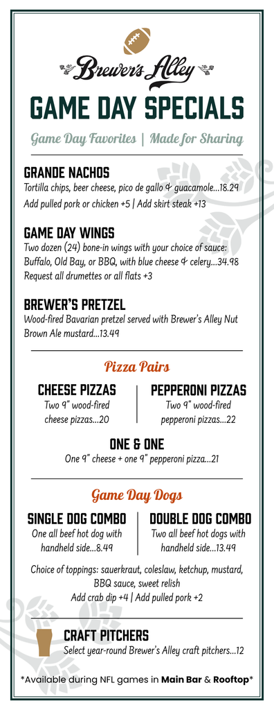 A menu for Brewer’s Alley Game Day Specials, featuring nachos, wings, pretzel, cheese and pepperoni pizzas, hot dogs, and beer pitchers, with prices and shareable options. NFL games available in Main Bar and Rooftop.